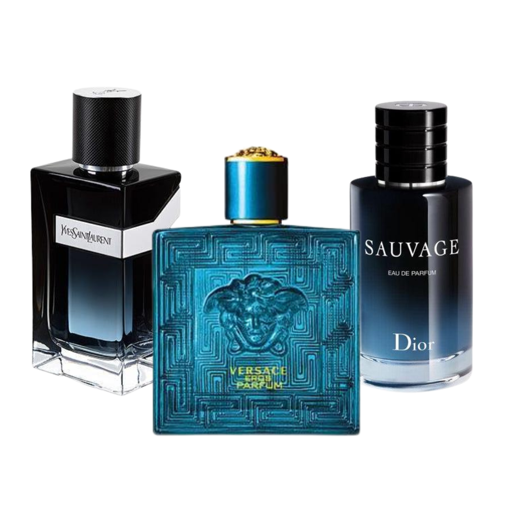 3 parfums Dior SAUVAGE, Yves Saint Laurent Y MEN et Versace EROS