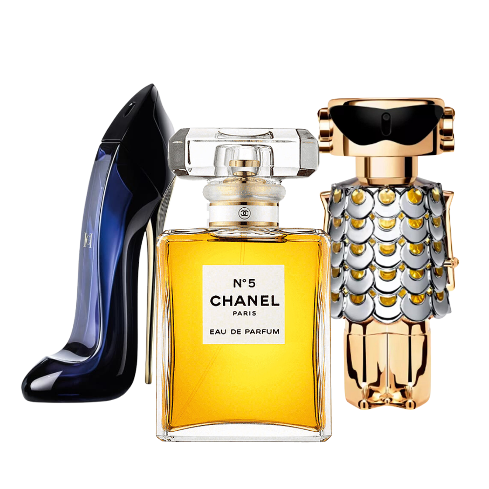 3 Parfums Carolina Herrera GOOD GIRL, Chanel Nº5 et Paco Rabanne FAME (Eau de Parfum)